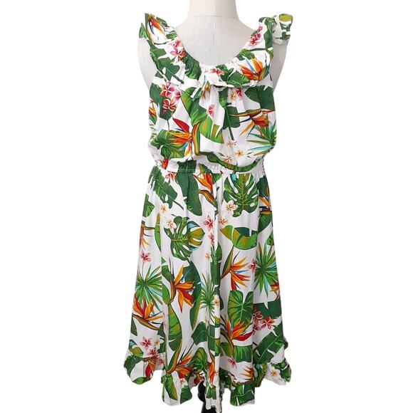 Hawaii Hangover Girls 10 Sun Dress Hibiscus White Tropical Palm Dress Ruffle - Picture 2 of 8